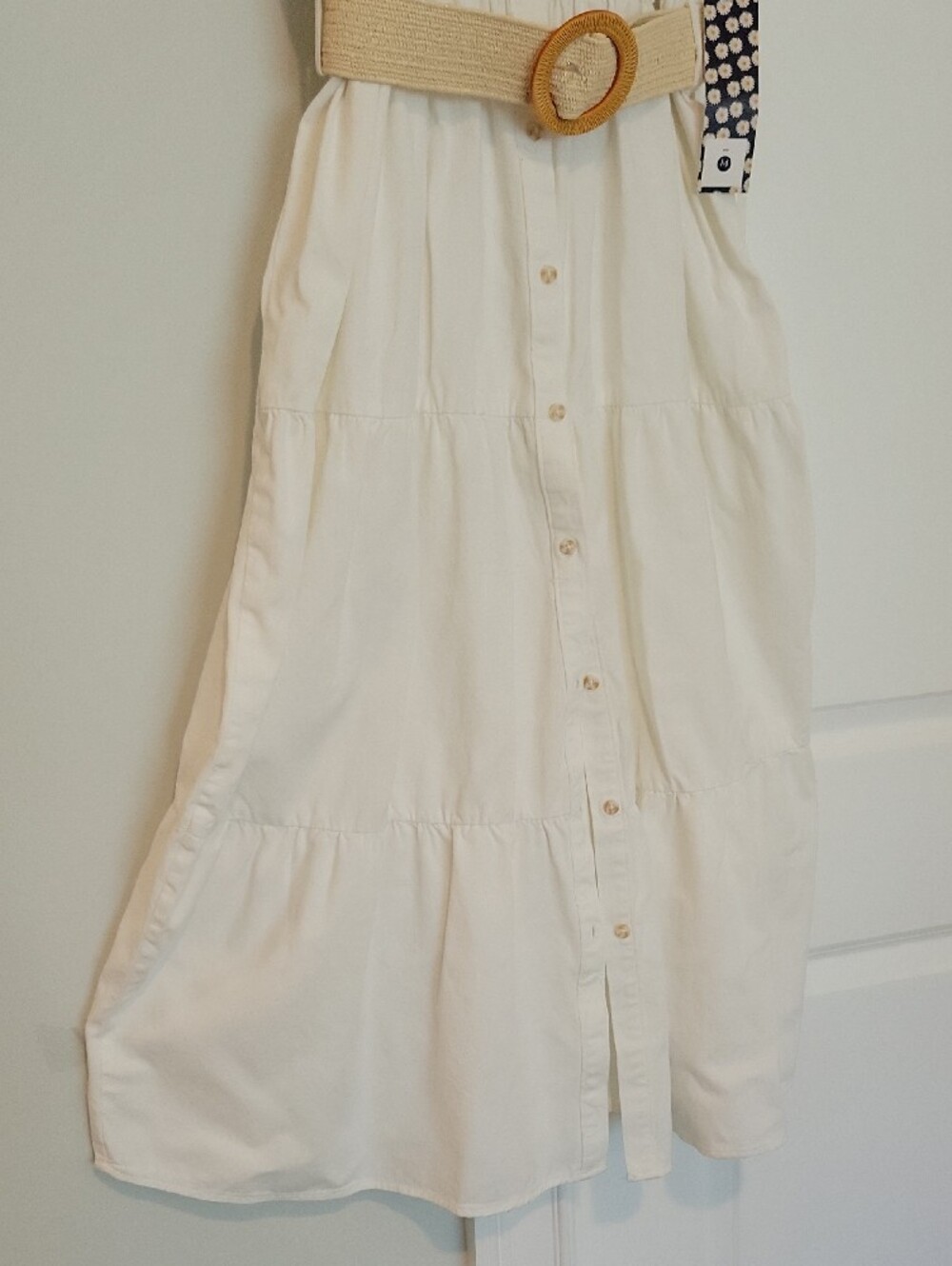Sleeveless Cream Maxi Shirt Dress with Woven Round-Buckle Belt - Picture 6 of 12